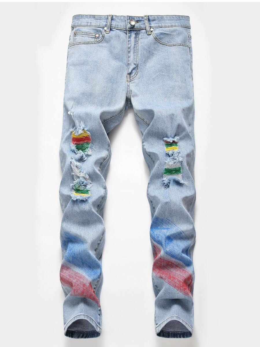 

Lovely Casual Mid Waist Broken Holes Baby Blue Men Jeans