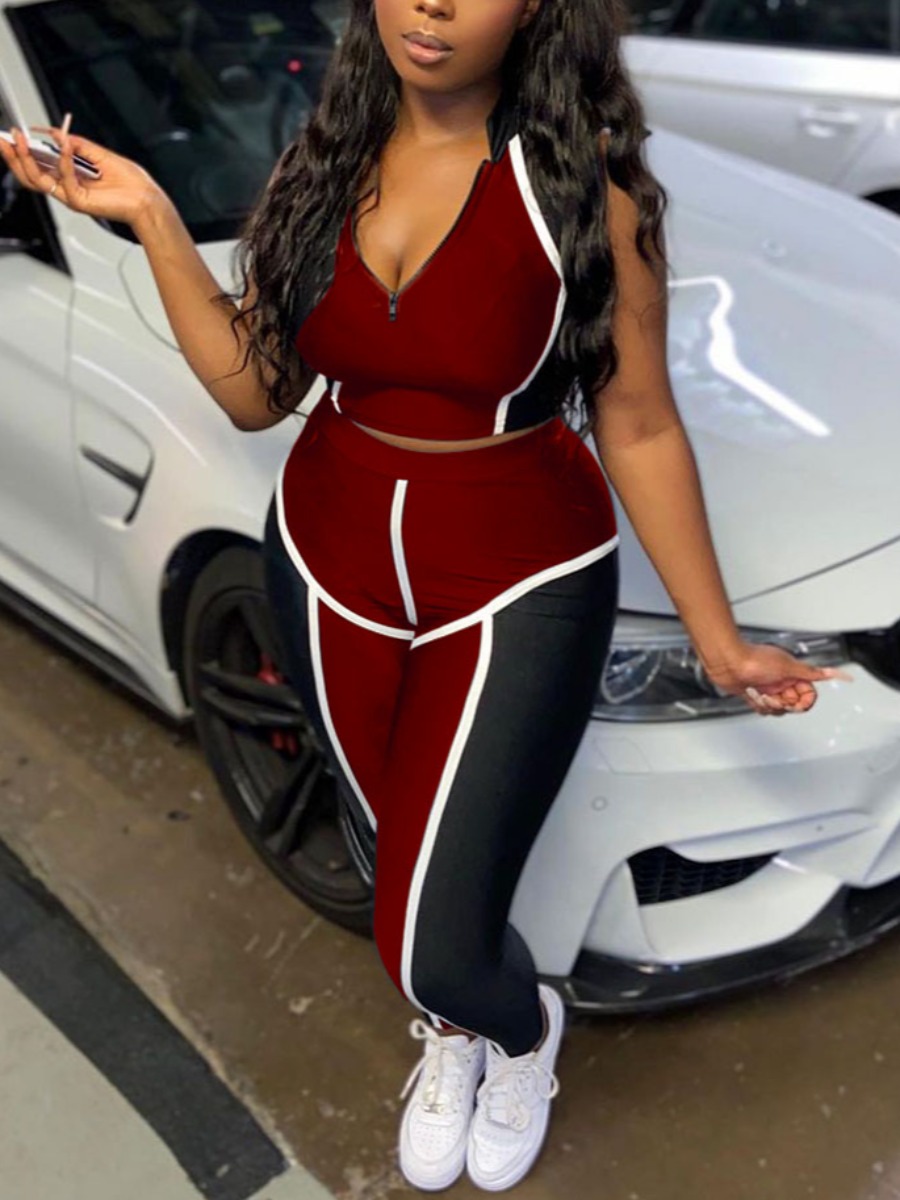 

Lovely Trendy Striped Color-lump Patchwork Wine Red Two Piece Pants Set