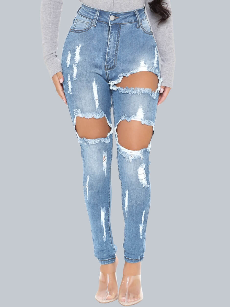 

Lovely Casual High-waisted Broken Holes Baby Blue Jeans
