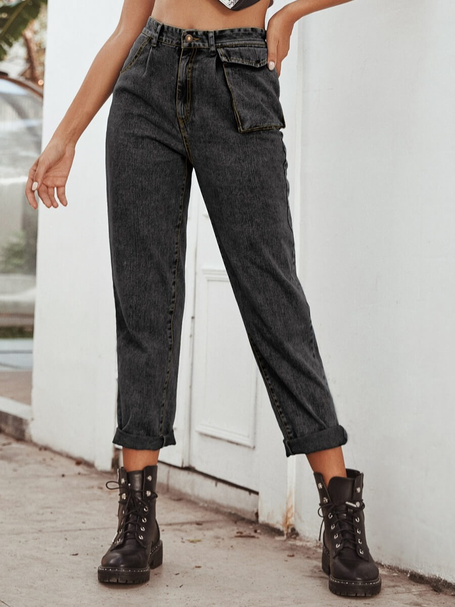 

Lovely Casual High-waisted Pocket Design Black Mom Jeans