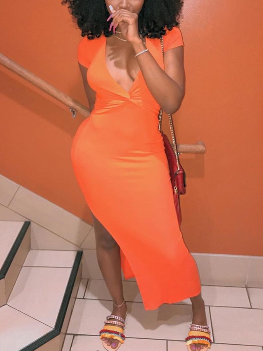 

LW Casual V Neck Side Split Orange Ankle Length Dress