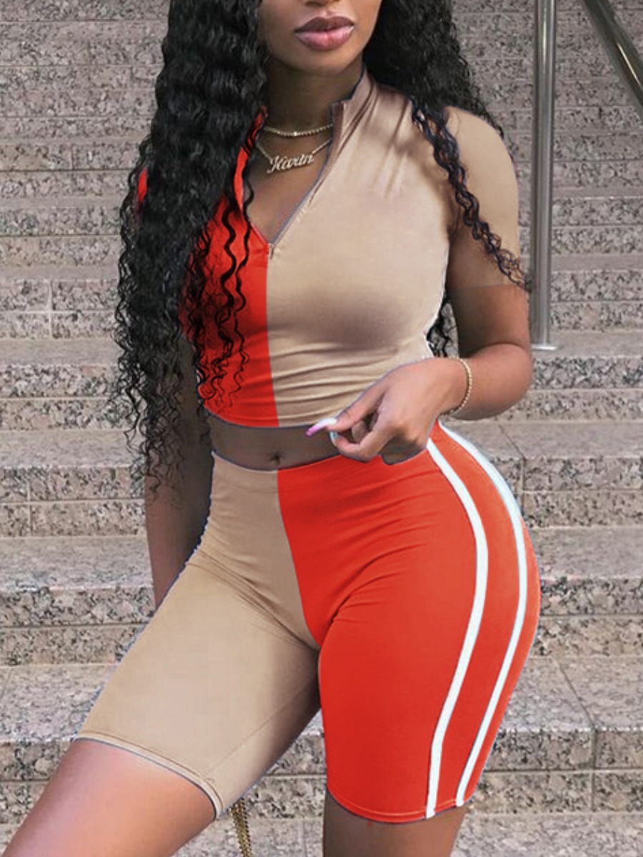 

Lovely Sportswear Striped Patchwork Orange Two Piece Shorts Set