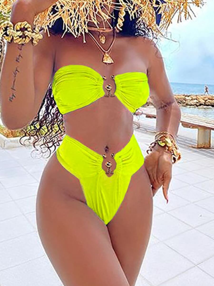 

Lovely Sexy Ruched Metal Ring Decoration Yellow Two-piece Swimsuit