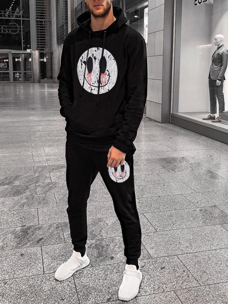 

Lovely Casual Hooded Collar Print Black Men Two Piece Pants Set