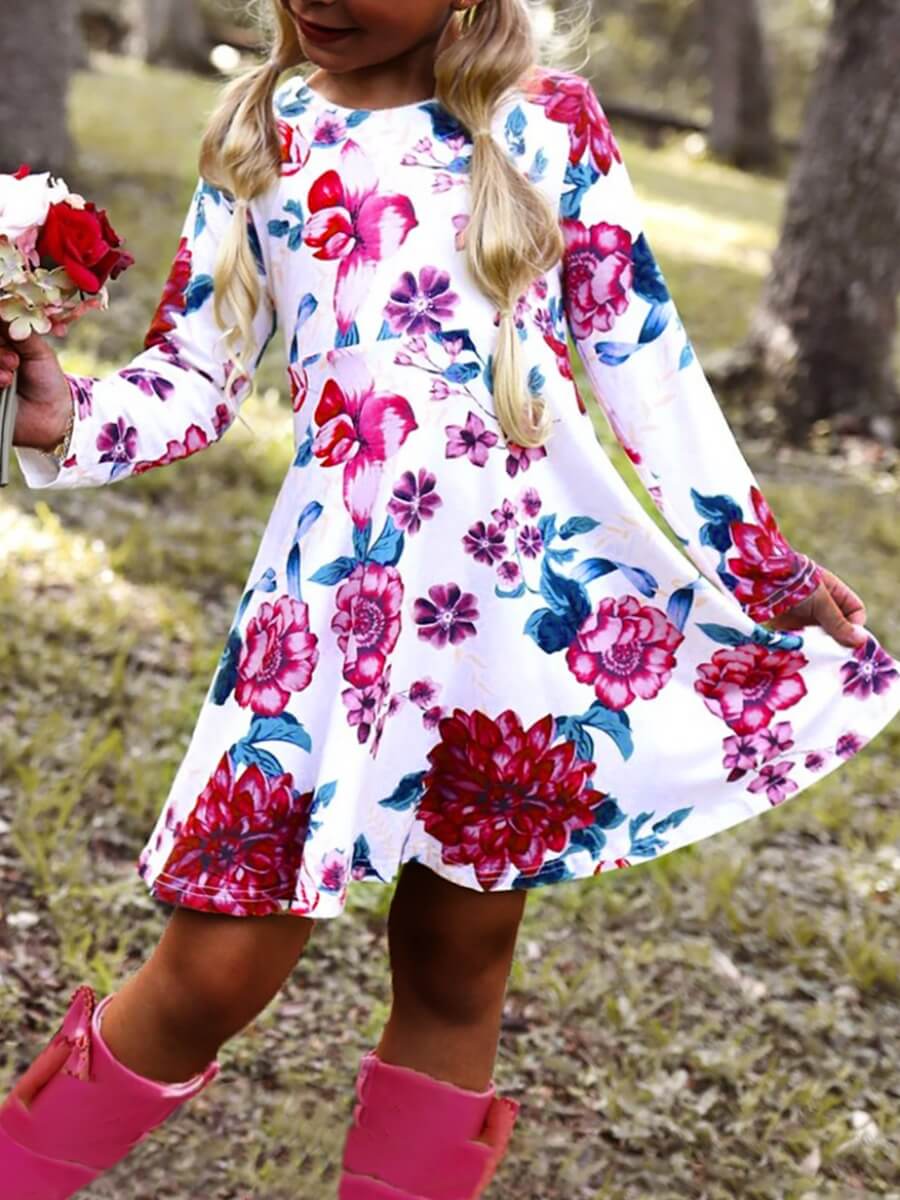 

Lovely Sweet O Neck Floral Print White Girl Knee Length A Line Dress