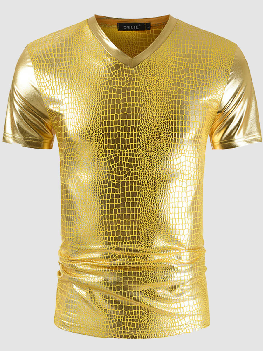 

Lovely Men Street V Neck Print Gold T-shirt