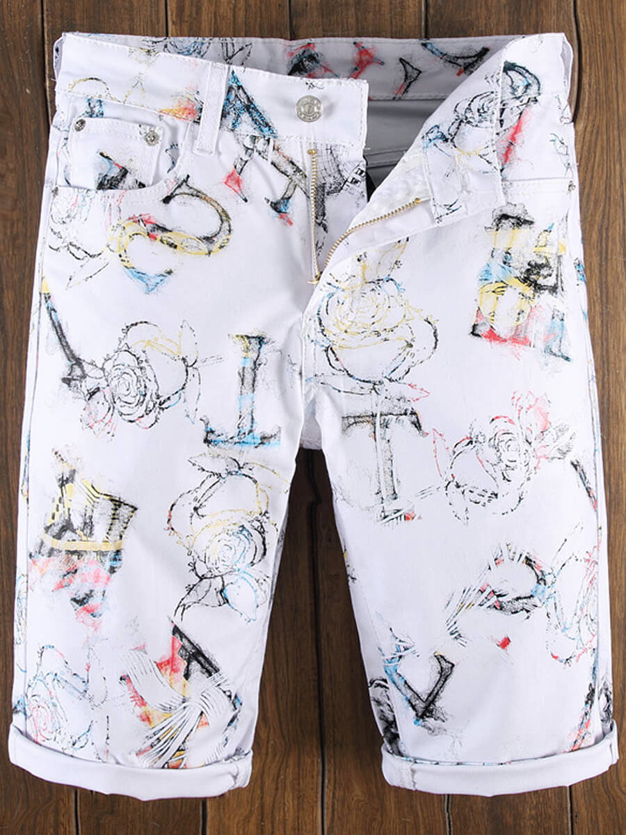 

Lovely Men Casual Graffiti Letter Print White Denim Shorts