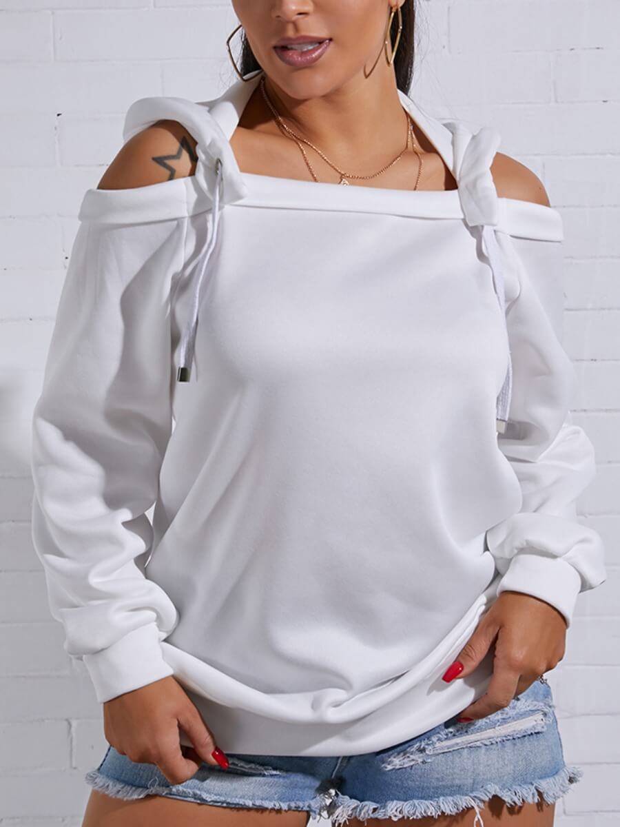 

Lovely Trendy Hooded Collar Off The Shoulder White Hoodie