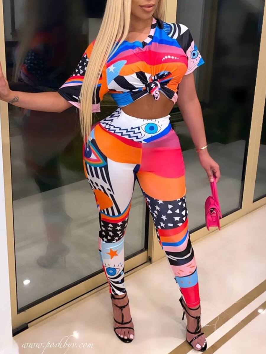 

Lovely Chic Star Print Color-lump Patchwork Red Two Piece Pants Set