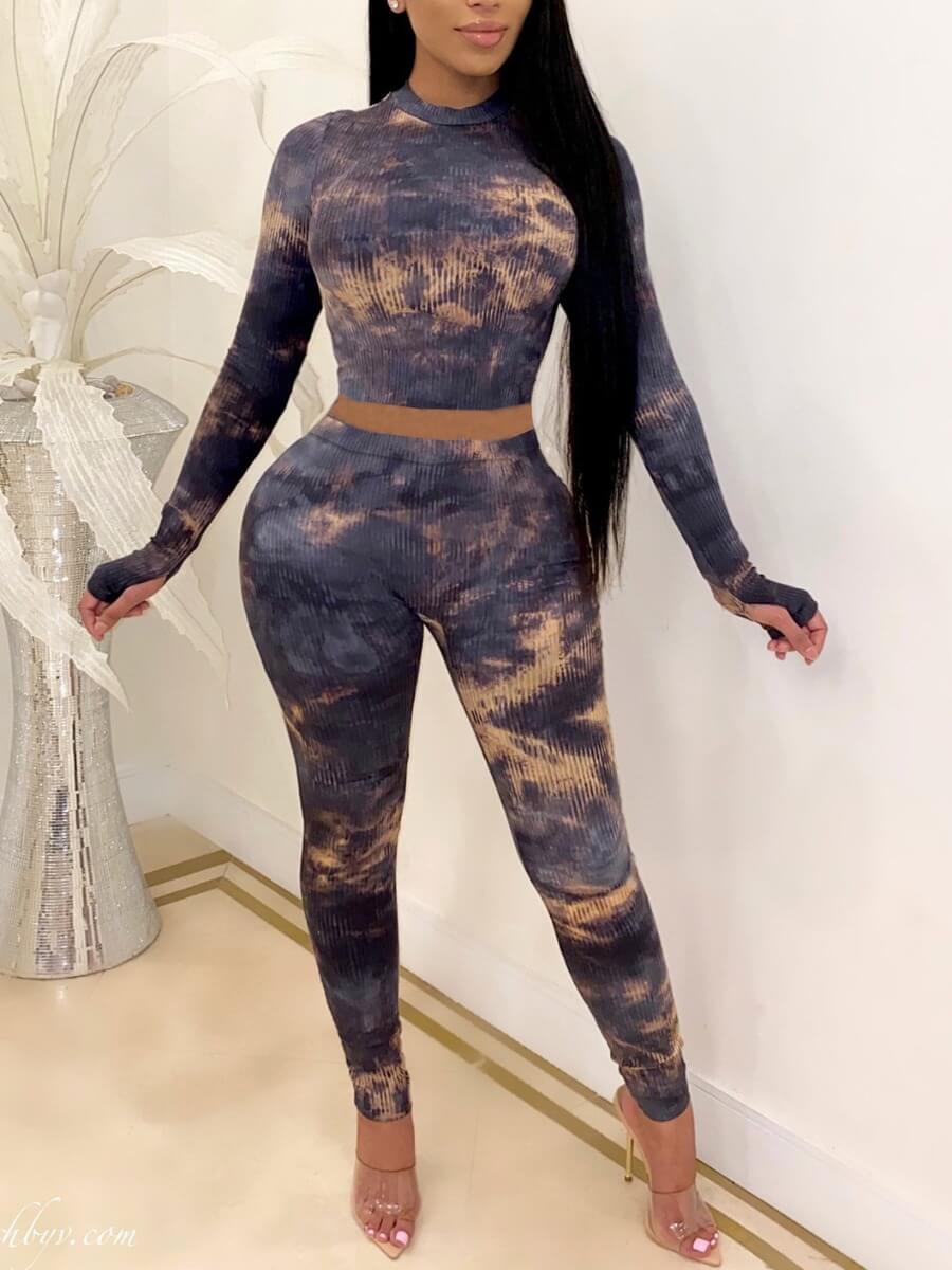 

Lovely Casual O Neck Tie Dye Black Two Piece Pants Set