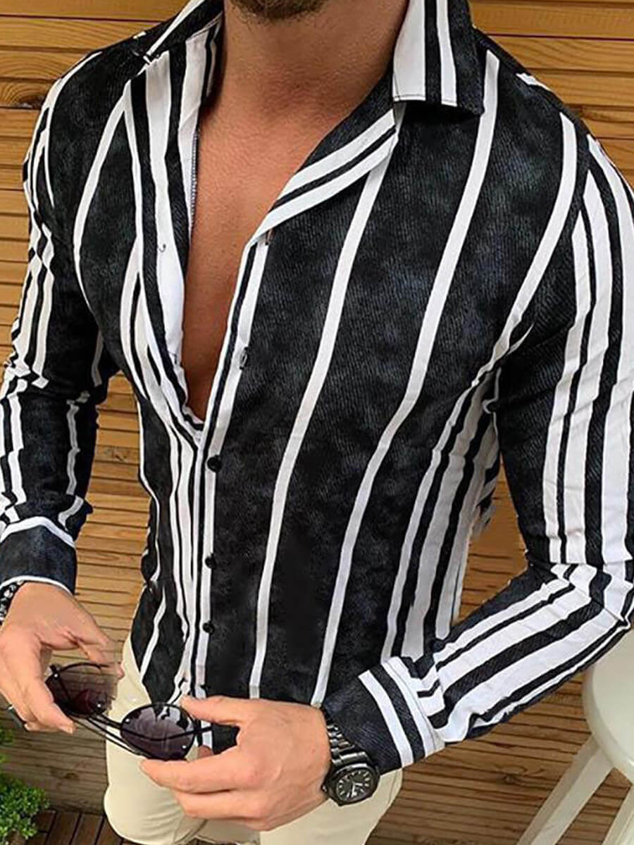 

Lovely Men Casual Striped Patchwork Black Shirt