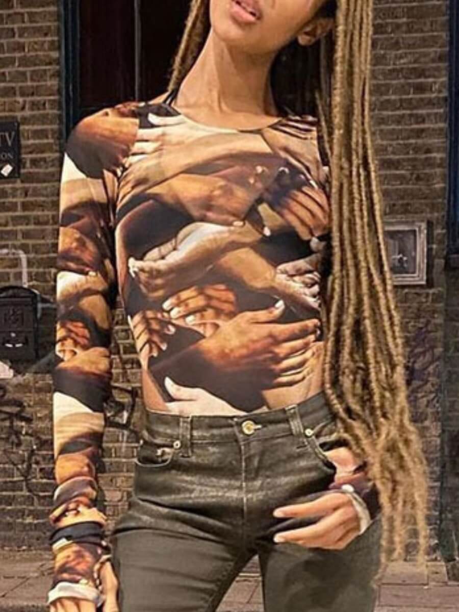 

Lovely Casual O Neck Graffiti Print Coffee Bodysuit