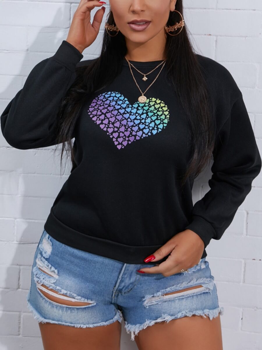 

Lovely Casual O Neck Heart-shaped Print Black Hoodie