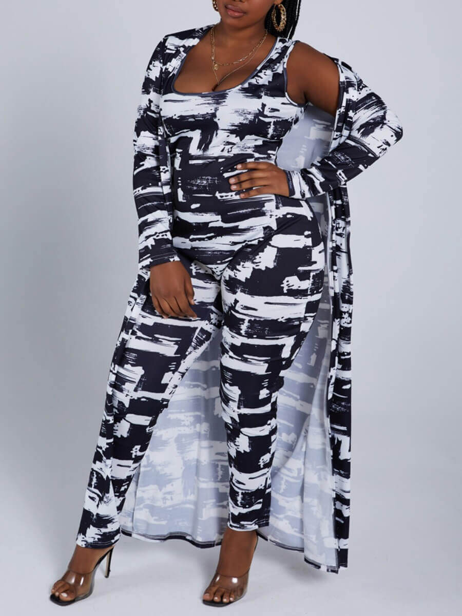 

Lovely Trendy U Neck Print Patchwork Black Two Piece Pants Set