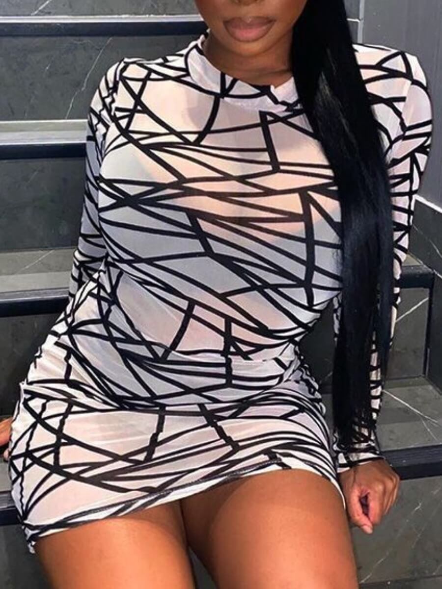 

Lovely Sexy Half A Turtleneck Mesh Geometric Print Black Mini Dress, Apricot