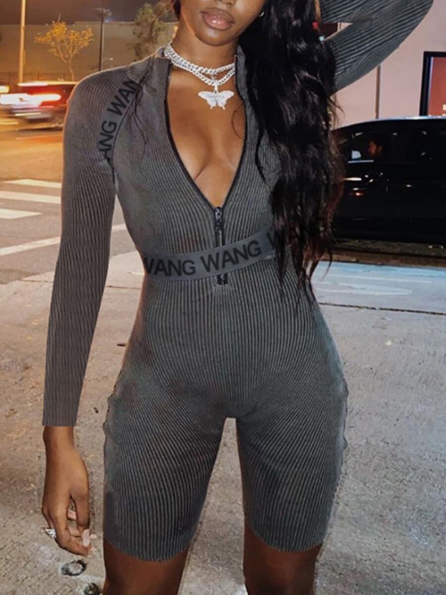 

Lovely Sportswear Rib-Knit Letter Print Grey One-piece Romper