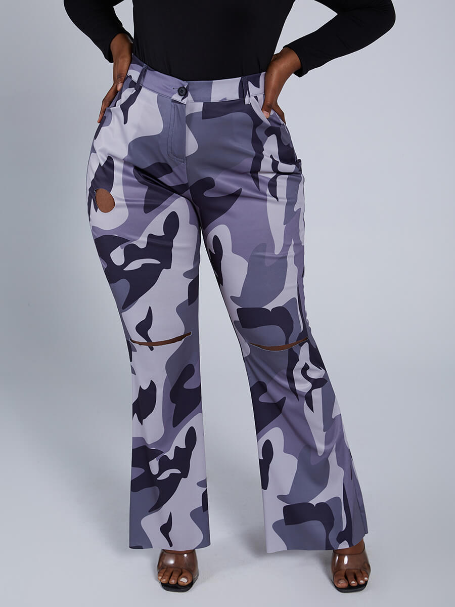 

Lovely Plus Size Trendy Camo Print Broken Holes Grey Pants