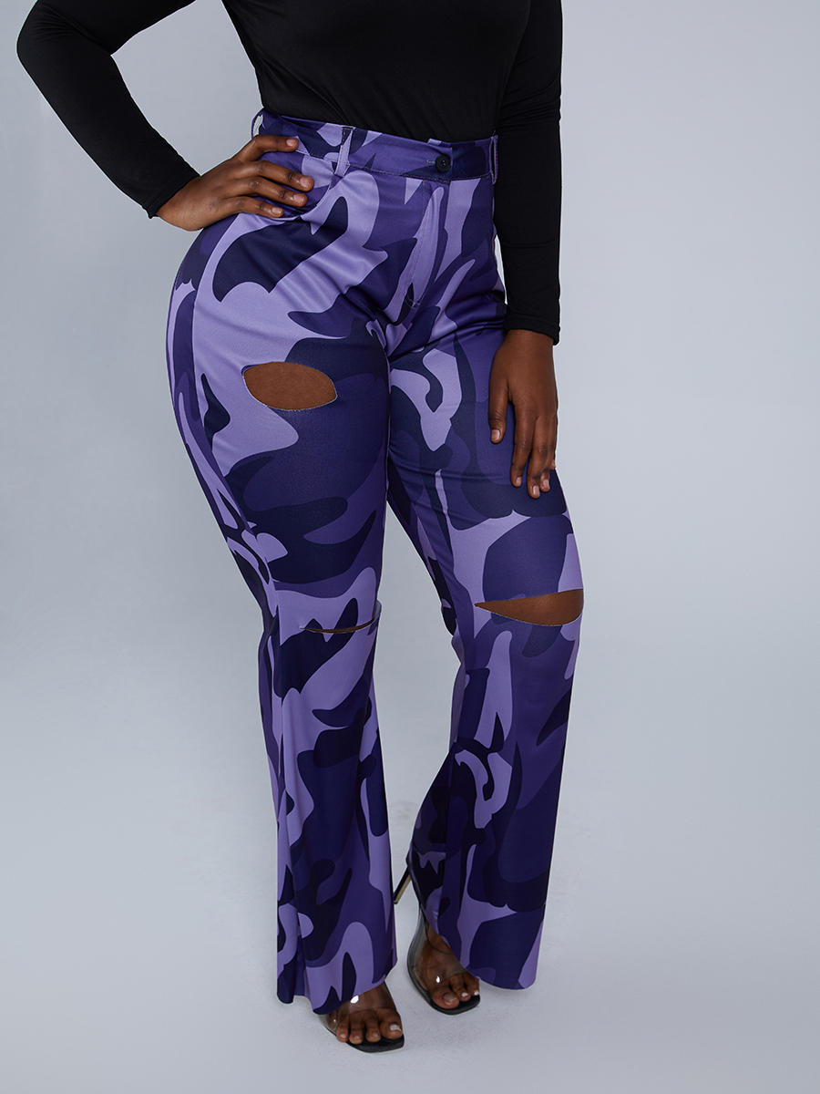 

Lovely Trendy Camo Print Broken Holes Purple Plus Size Pants