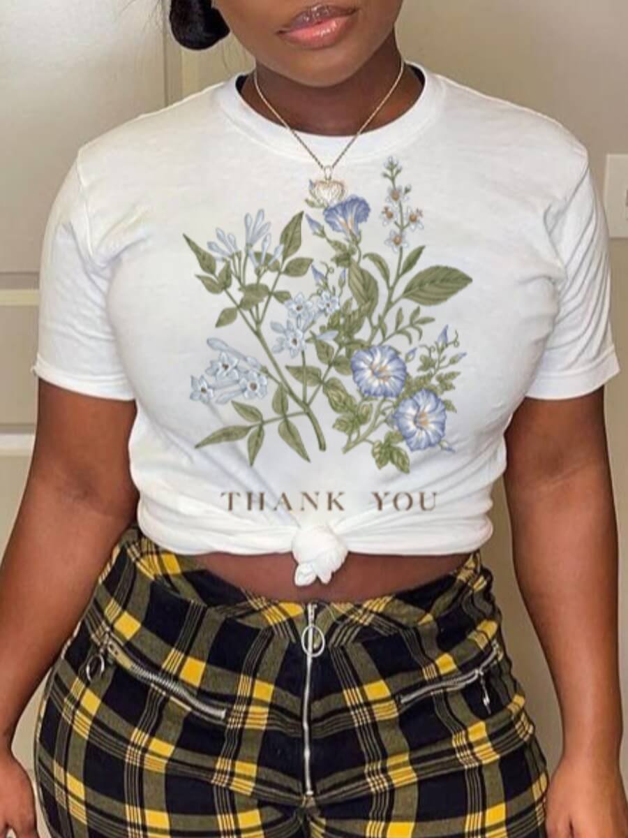 

Lovely Casual Floral Letter Print White T-shirt