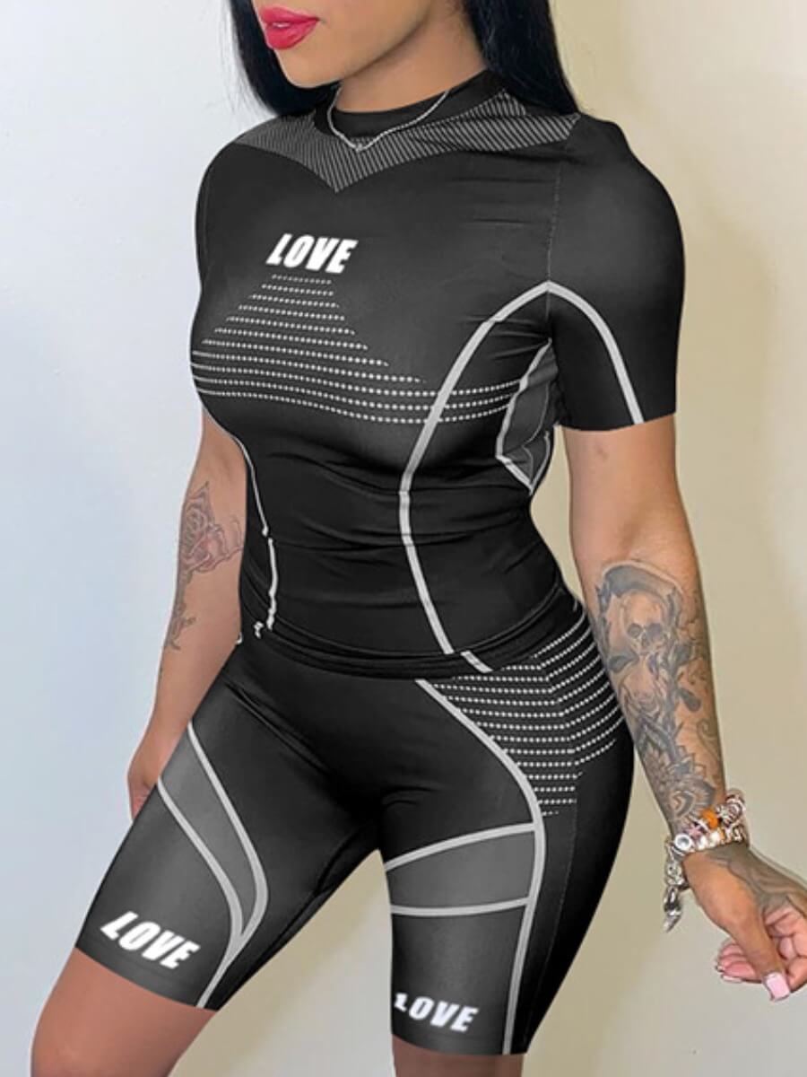 

Lovely Sportswear Letter Print Striped Black Two Piece Shorts Set