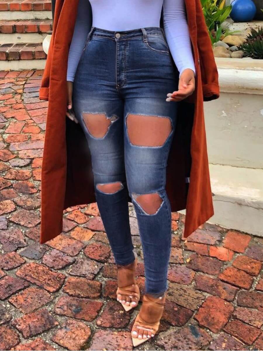 

Lovely Street High-waisted Ripped Deep Blue Jeans