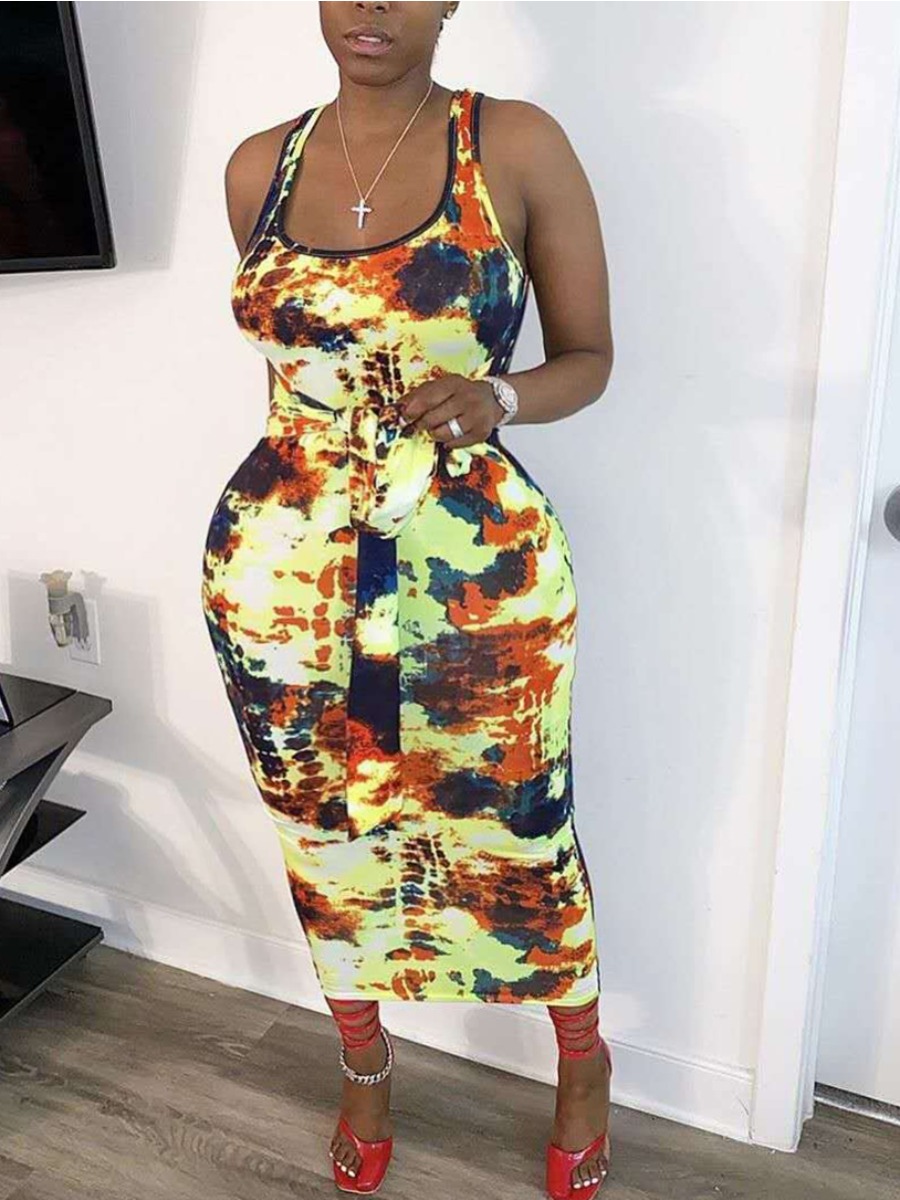

Lovely Plus Size Casual U Neck Tie-dye Lace-up Yellow Mid Calf Dress