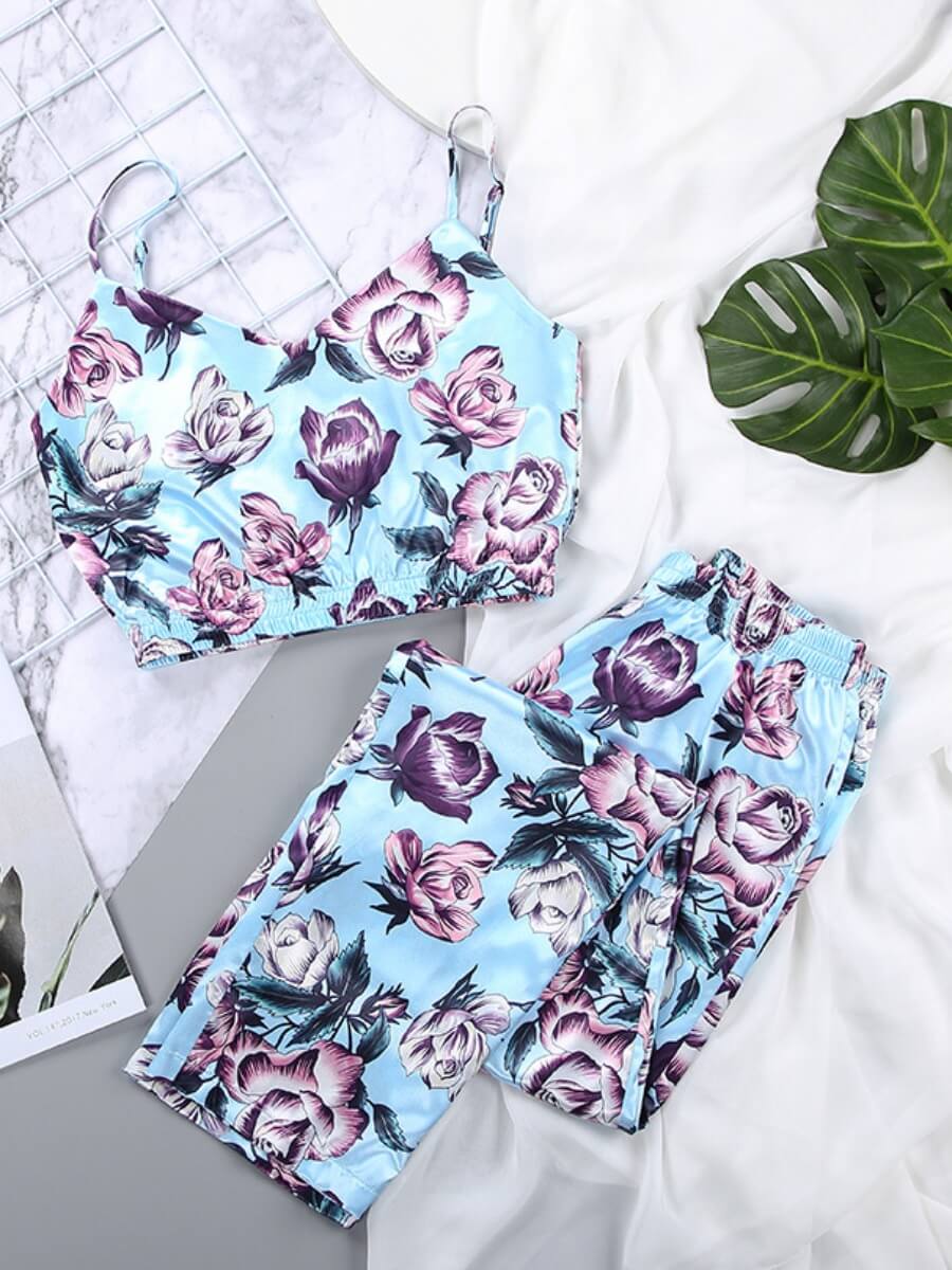 

Lovely Home Style V Neck Floral Print Blue Sleepwear