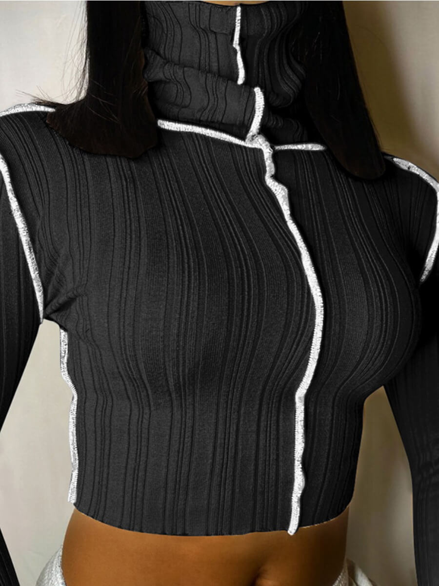 

LW Trendy Turtleneck Striped Black T-shirt