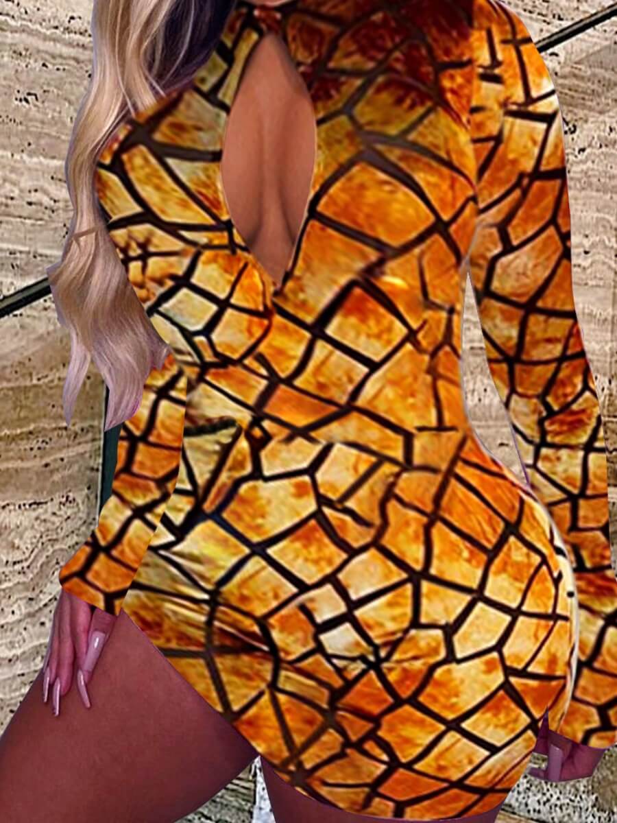 

Lovely Street Hollow-out Geometric Print Gold Mini Dress