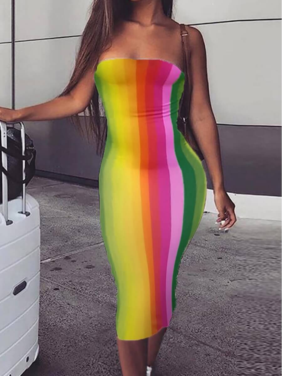 

Lovely Street Off The Shoulder Color-lump Patchwork Muiticolor Mid Calf Dress, Multi