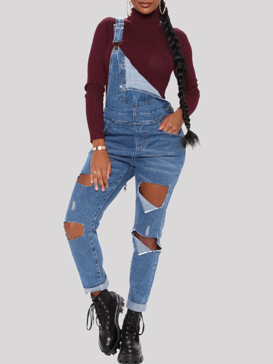 

Lovely Street Broken Holes Deep Blue Denim One-piece Jumpsuit