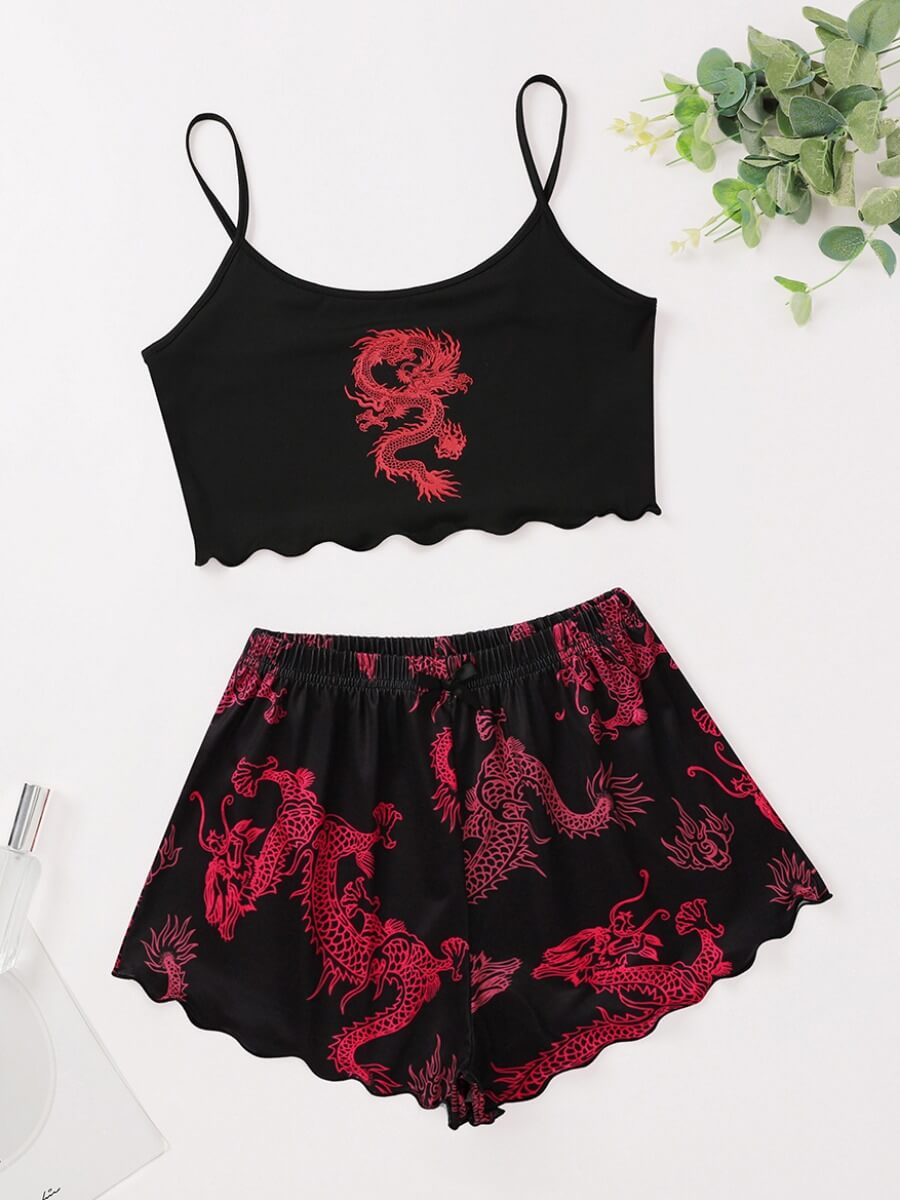 

Lovely Home Style Dragon Print Ruffle Design Black Sleepwear