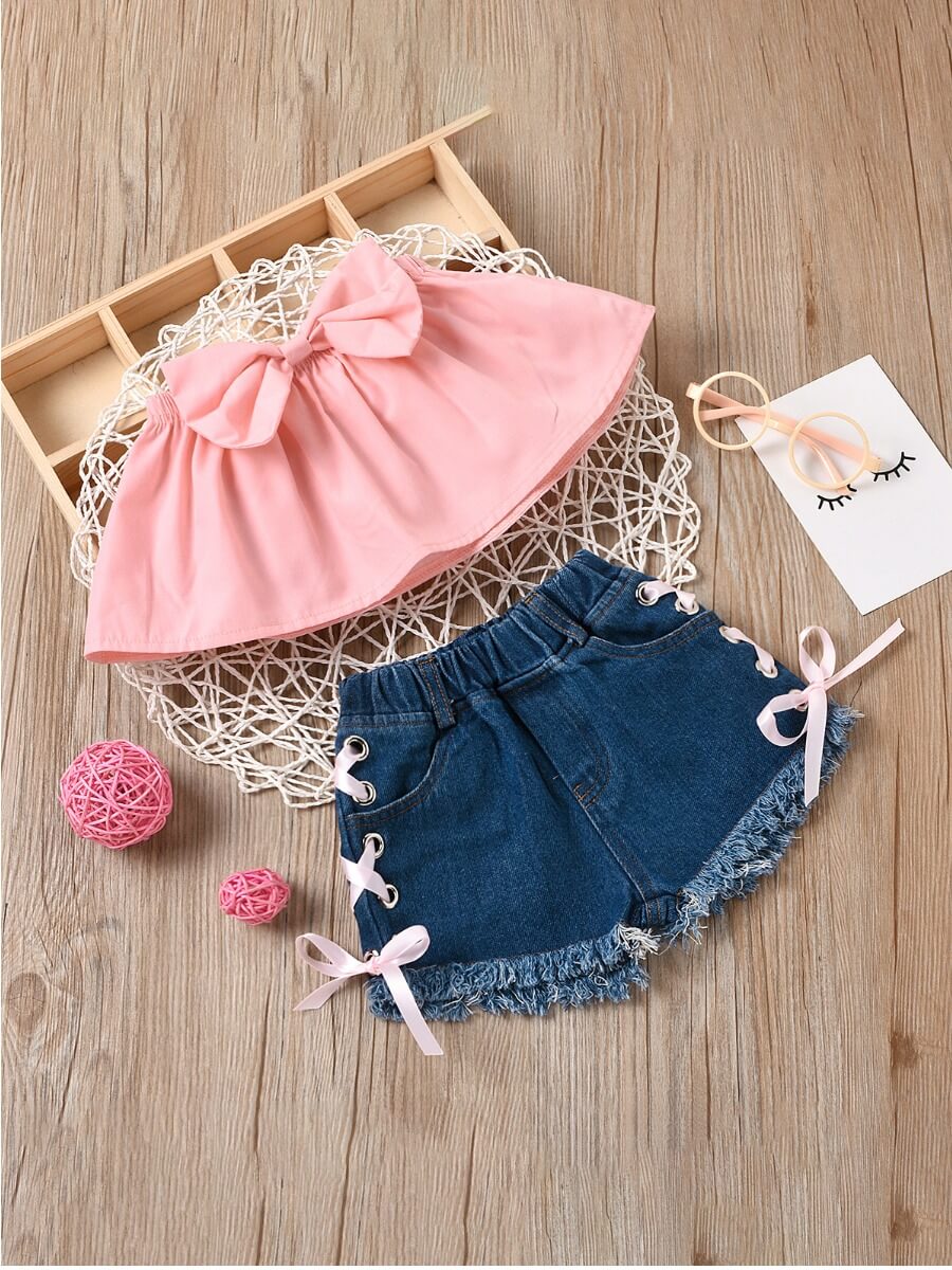 

Lovely Girl Sweet Off The Shoulder Knot Design Pink Two Piece Shorts Set