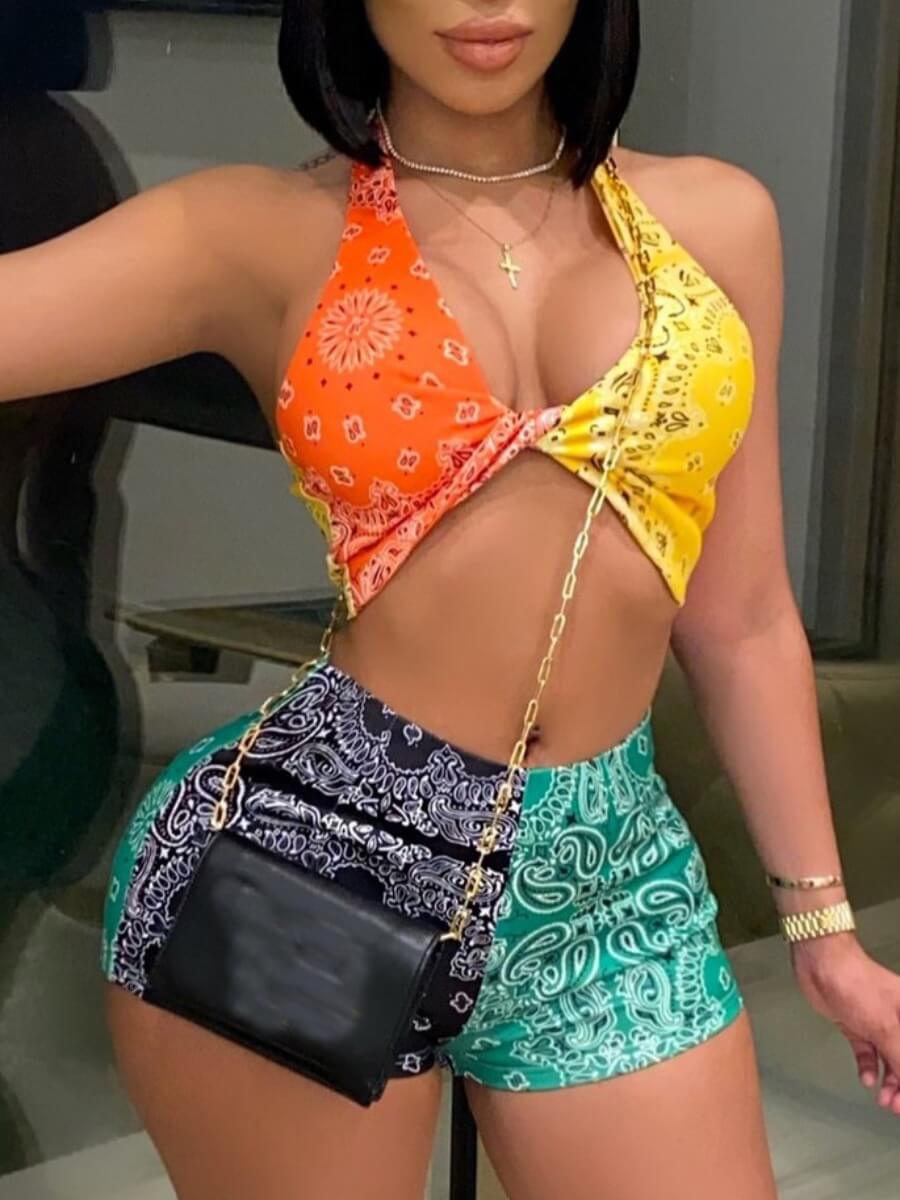 LovelyWholesale SXY Twisted Print Patchwork Shorts Set Summer Sleeveless Sxy Vests Halter Spring Summer 2024