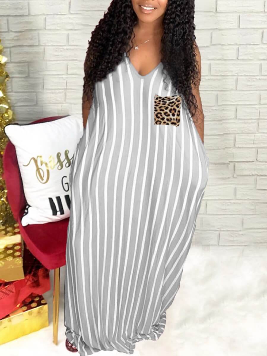 

Lovely Casual V Neck Striped Leopard Print Grey Floor Length Plus Size Dress