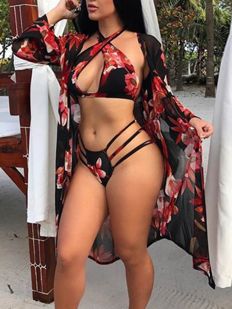 

Lovely Sexy Floral Print Hollow-out Black Three-piece Swimsuit