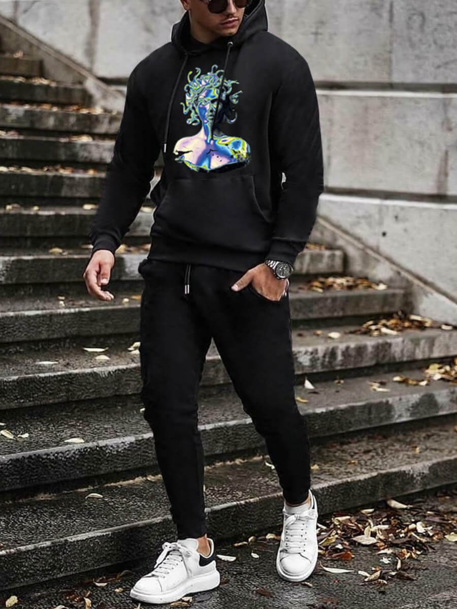 

Lovely Casual Hooded Collar Print Black Men Two Piece Pants Set