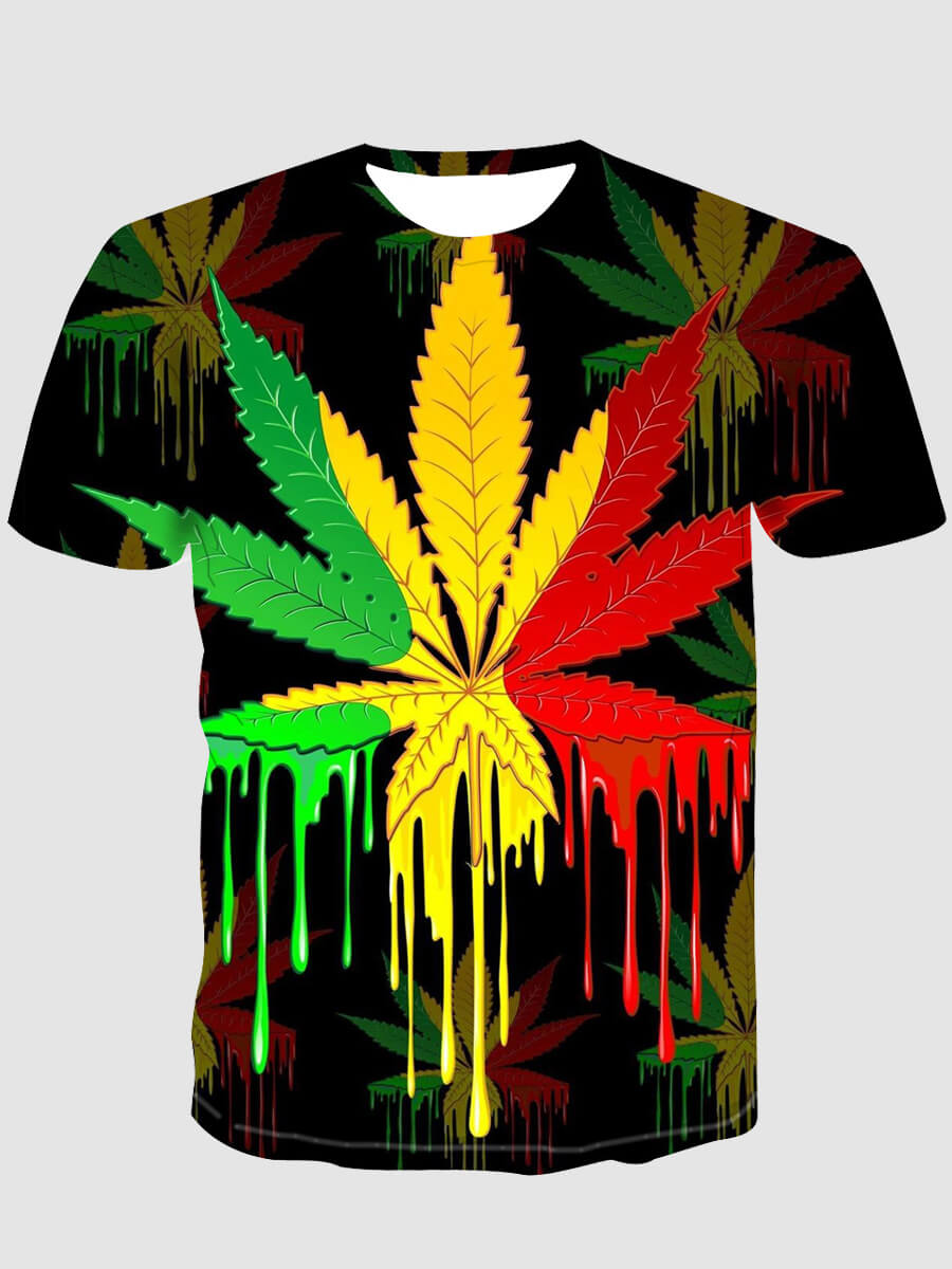 LovelyWholesale Men Casual O Neck Leaf Print Multicolor T-shirt Summer Short Sleeve Casual Basic Round Neck Spring Summer 2024