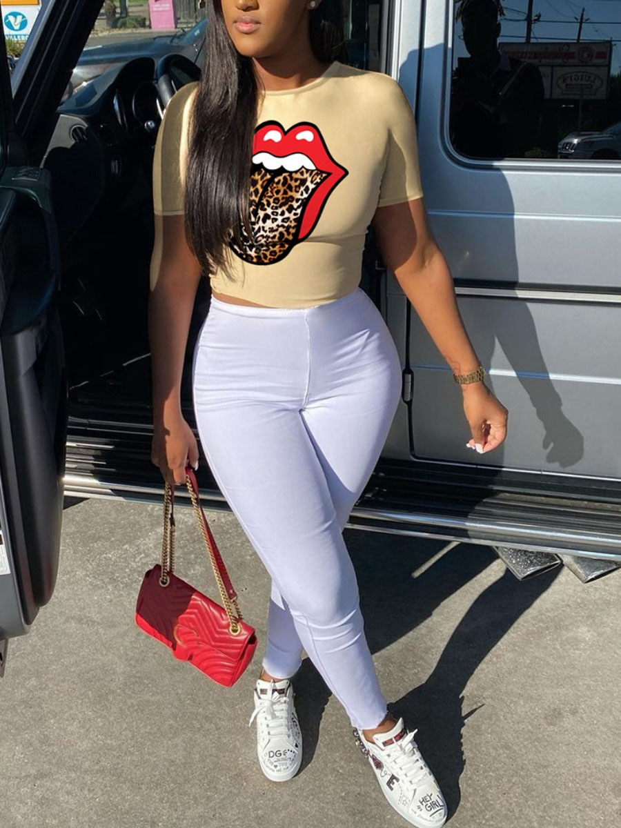 

LW Casual O Neck Lip Print Apricot Two Piece Pants Set