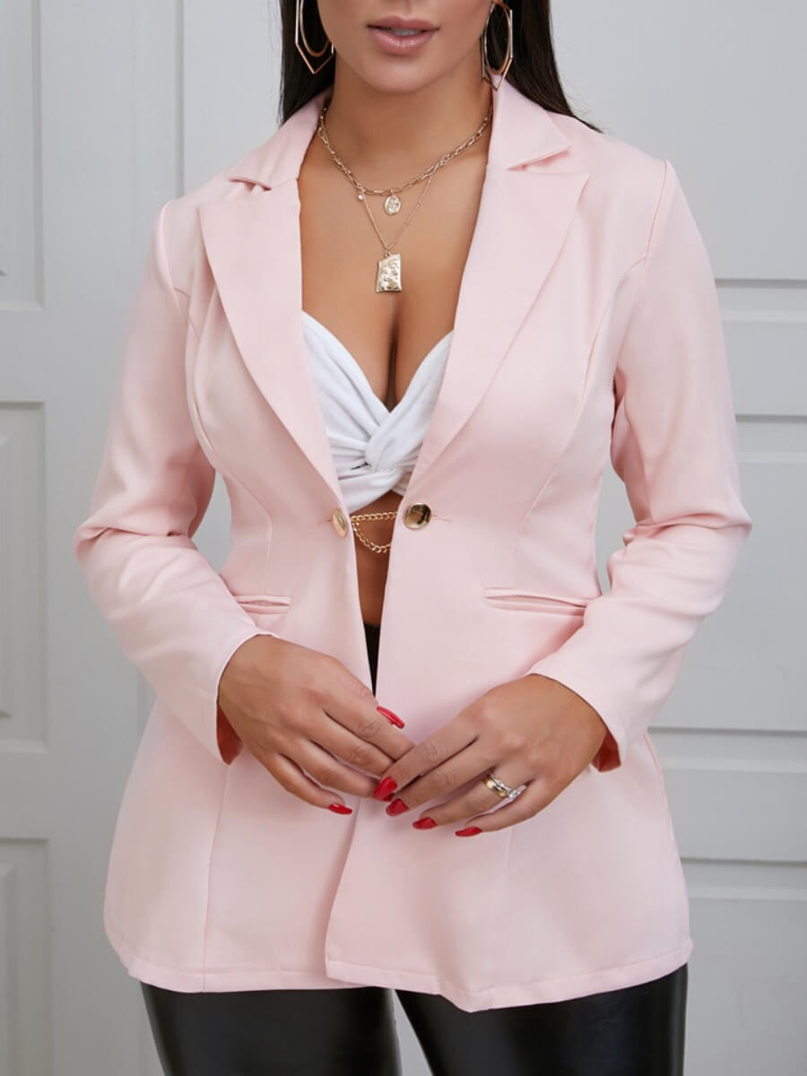

Lovely Formal Button Pocket Design Pink Blazer