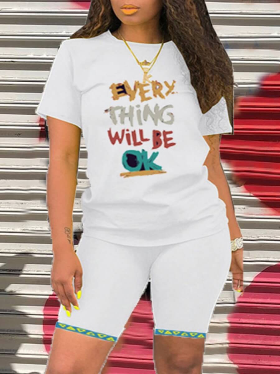 

Lovely Casual O Neck Letter Print White Two Piece Shorts Set