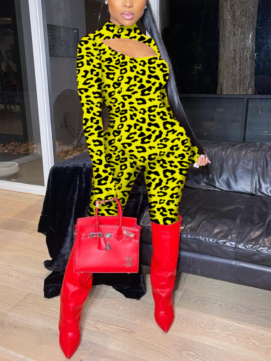 

Lovely Sweet Leopard Print Hollow-out Yellow One-piece Jumpsuit(No-positioning Printing