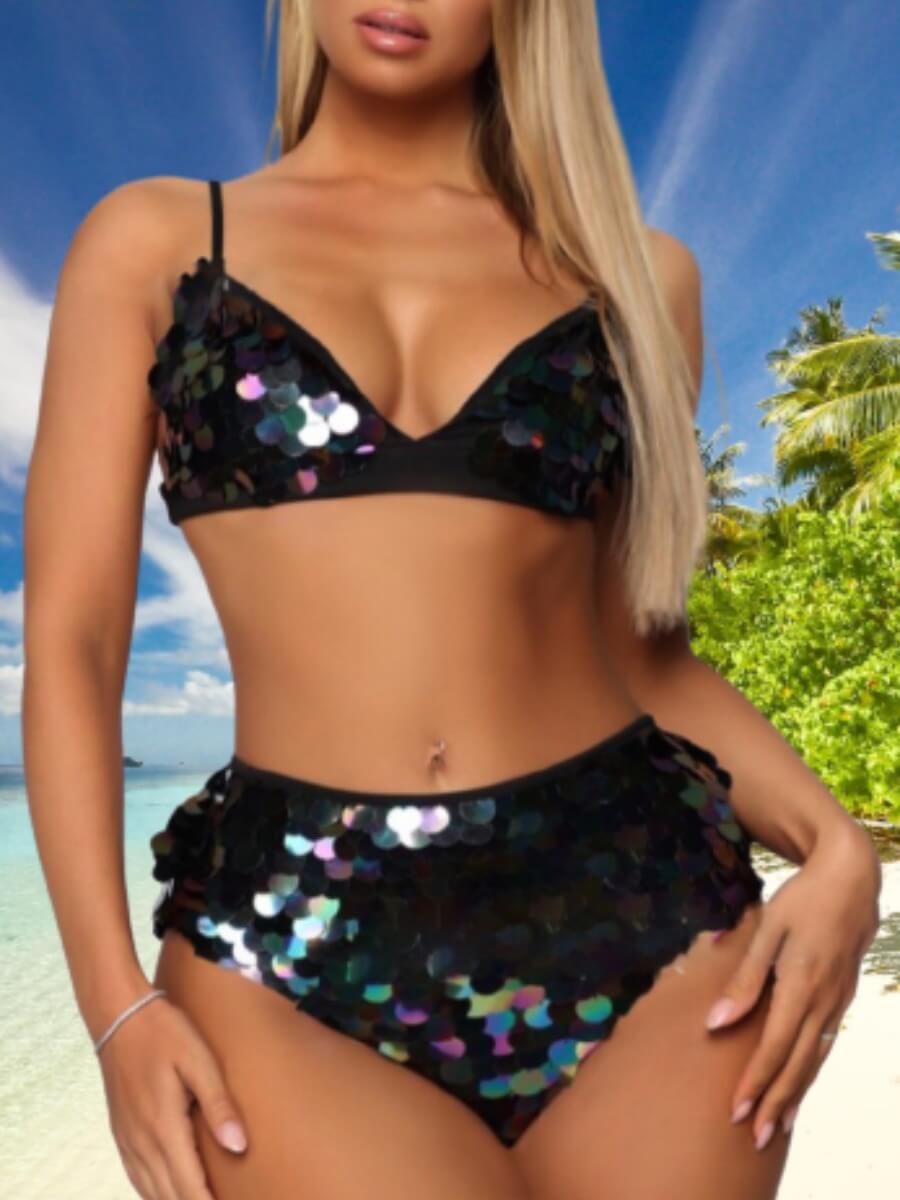 

Lovely Sweet Sequined Fish Scale Black Two-piece Swimsuit
