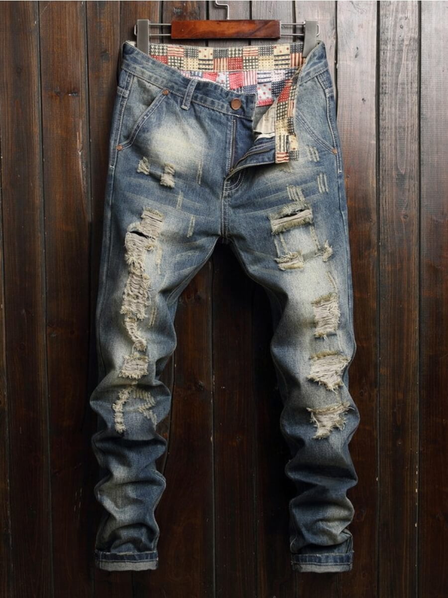 

Lovely Casual Mid Waist Broken Holes Blue Men Jeans