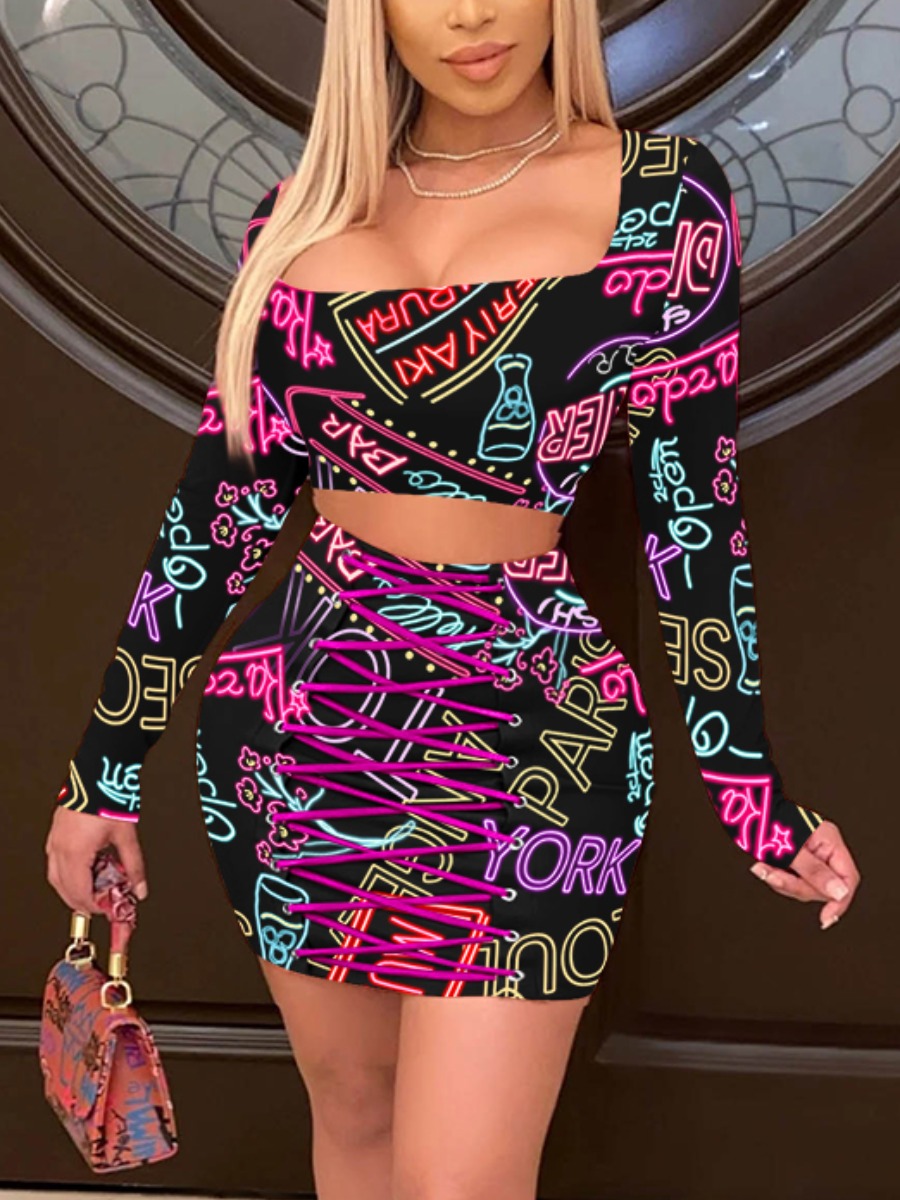 

LW Sexy Letter Print Bandage Design Rose Red Two Piece Skirt Set (No-positioning Printing)