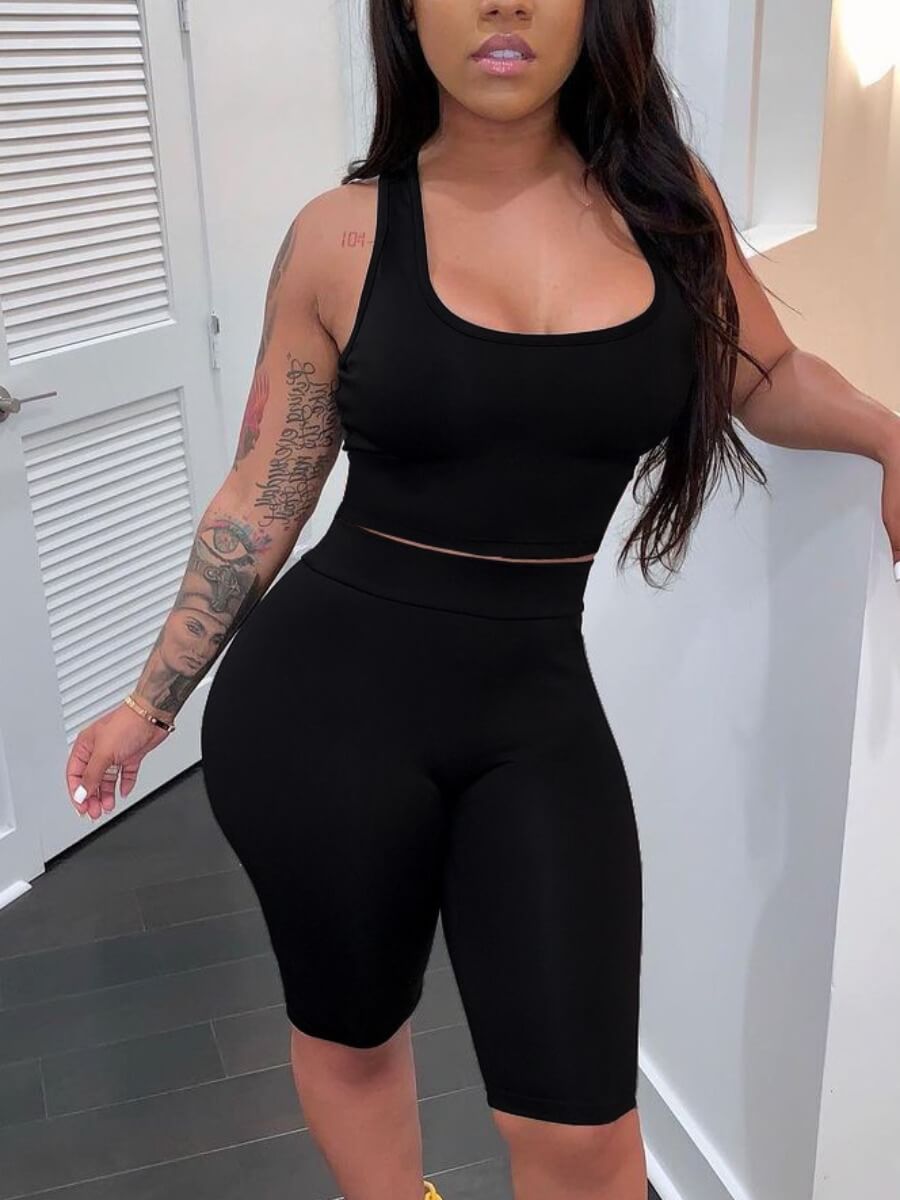 LovelyWholesale Bodycon Crop Top Shorts Set Summer Sleeveless Sporty Yoga U Neck Spring Summer 2024