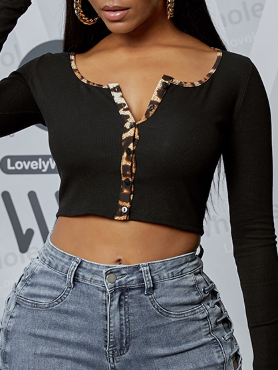 

Lovely Casual Leopard Print Patchwork Black T-shirt