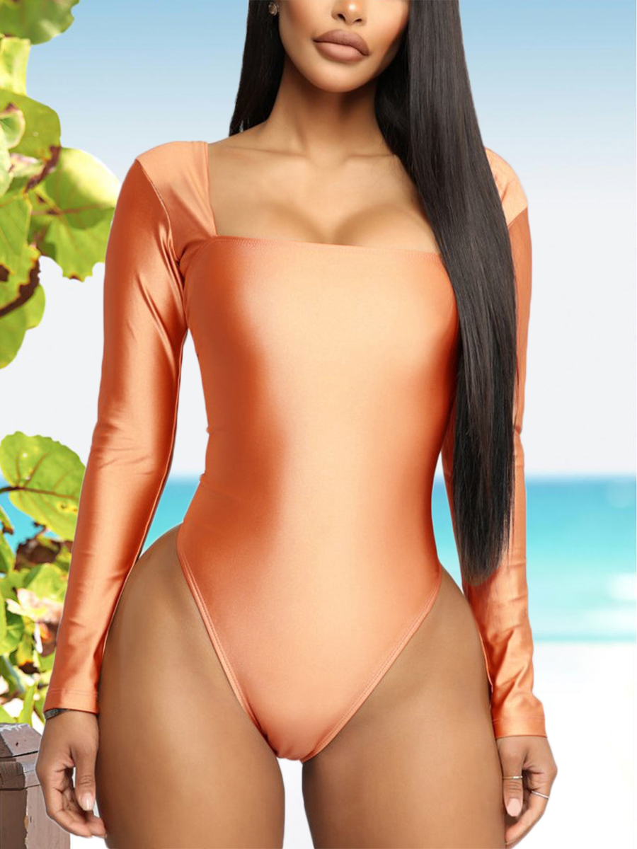 

Lovely Sweet Square Neck Skinny Clear Orange One-piece Swimsuit