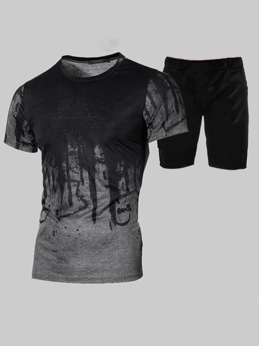 

Lovely Men Casual O Neck Print Patchwork Dark Grey Two Piece Shorts Set