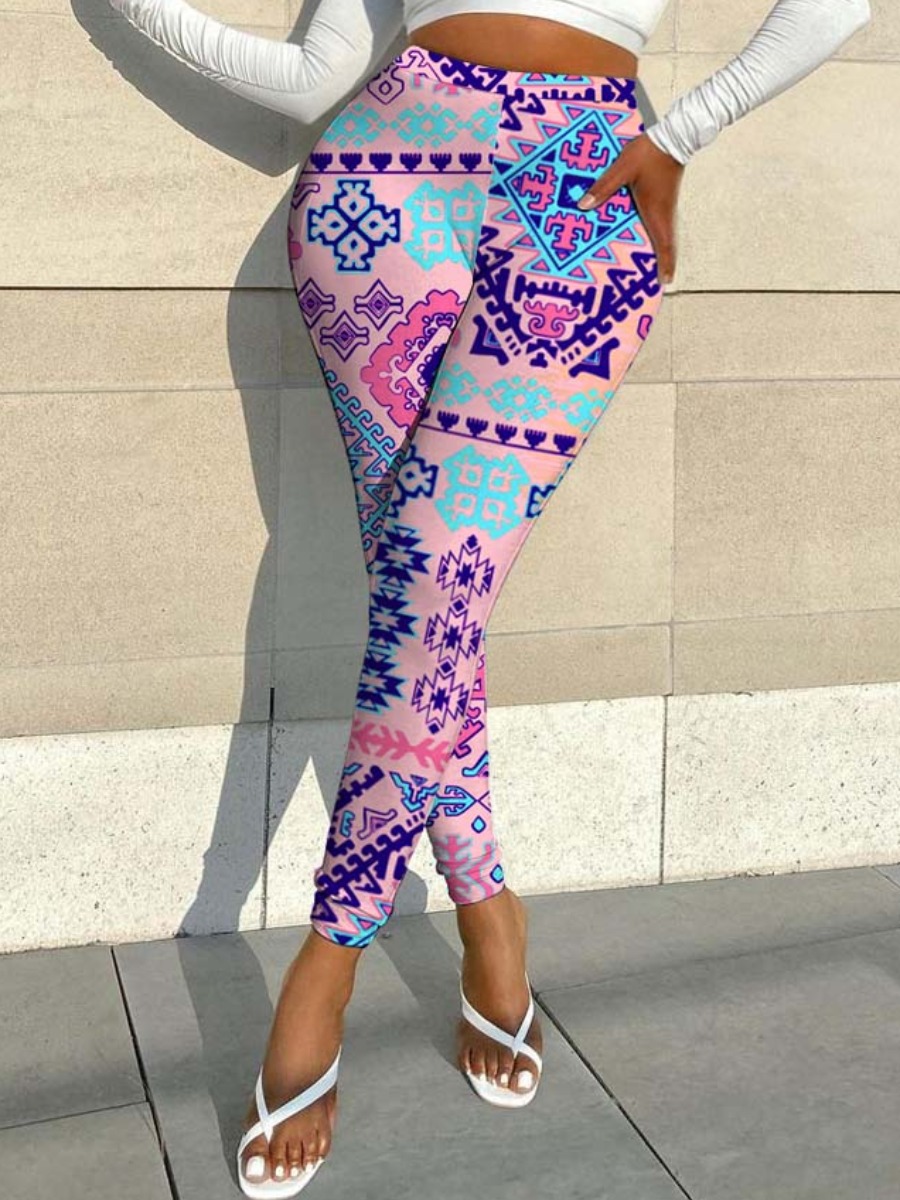 

LW Sweet Geometric Print Patchwork Rose Red Pants(No-positioning Printing)